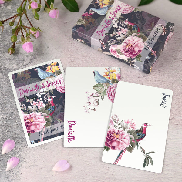 Personalised playing card jokers showing names of bride and groom