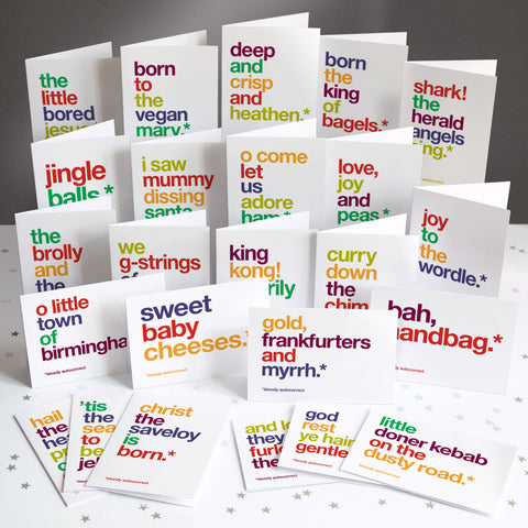Multipack of 24 funny autocorrected christmas cards.