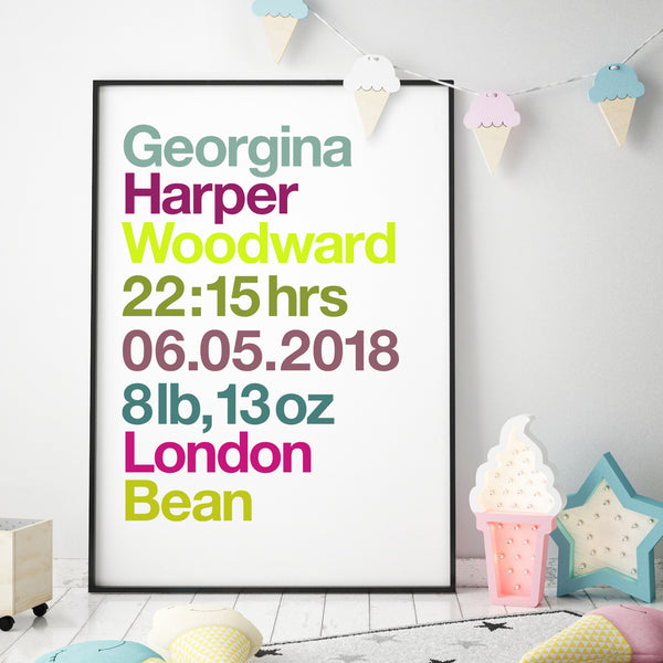 Personalised New Baby Birth Details Print