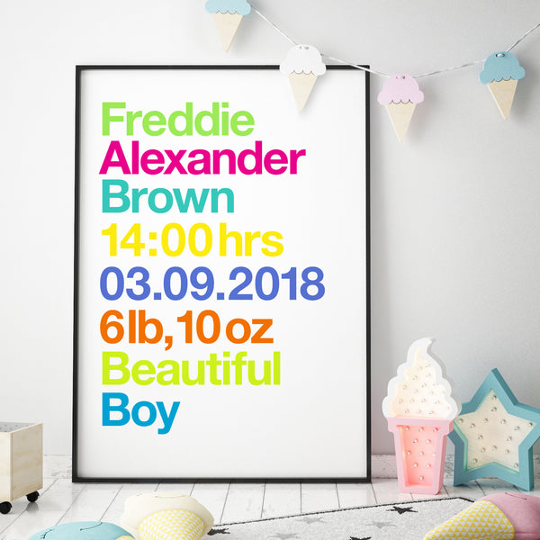 Personalised New Baby Birth Details Print