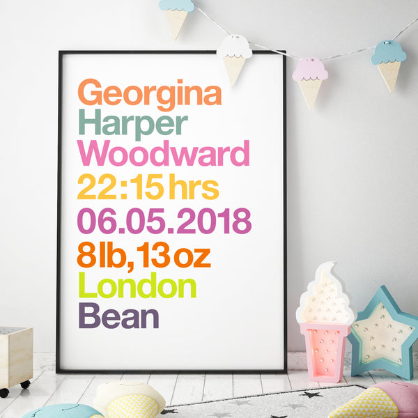 Personalised New Baby Birth Details Print