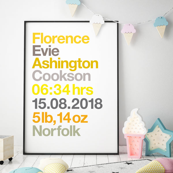 Personalised New Baby Birth Details Print