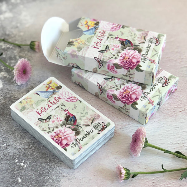 Pistachio coloured wedding favours playing cards