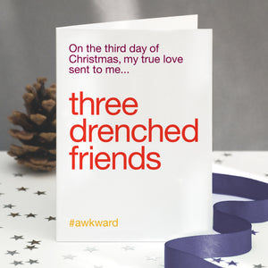 A funny christmas card with the twelve days of christmas lyric altered to 'three drenched friends'.