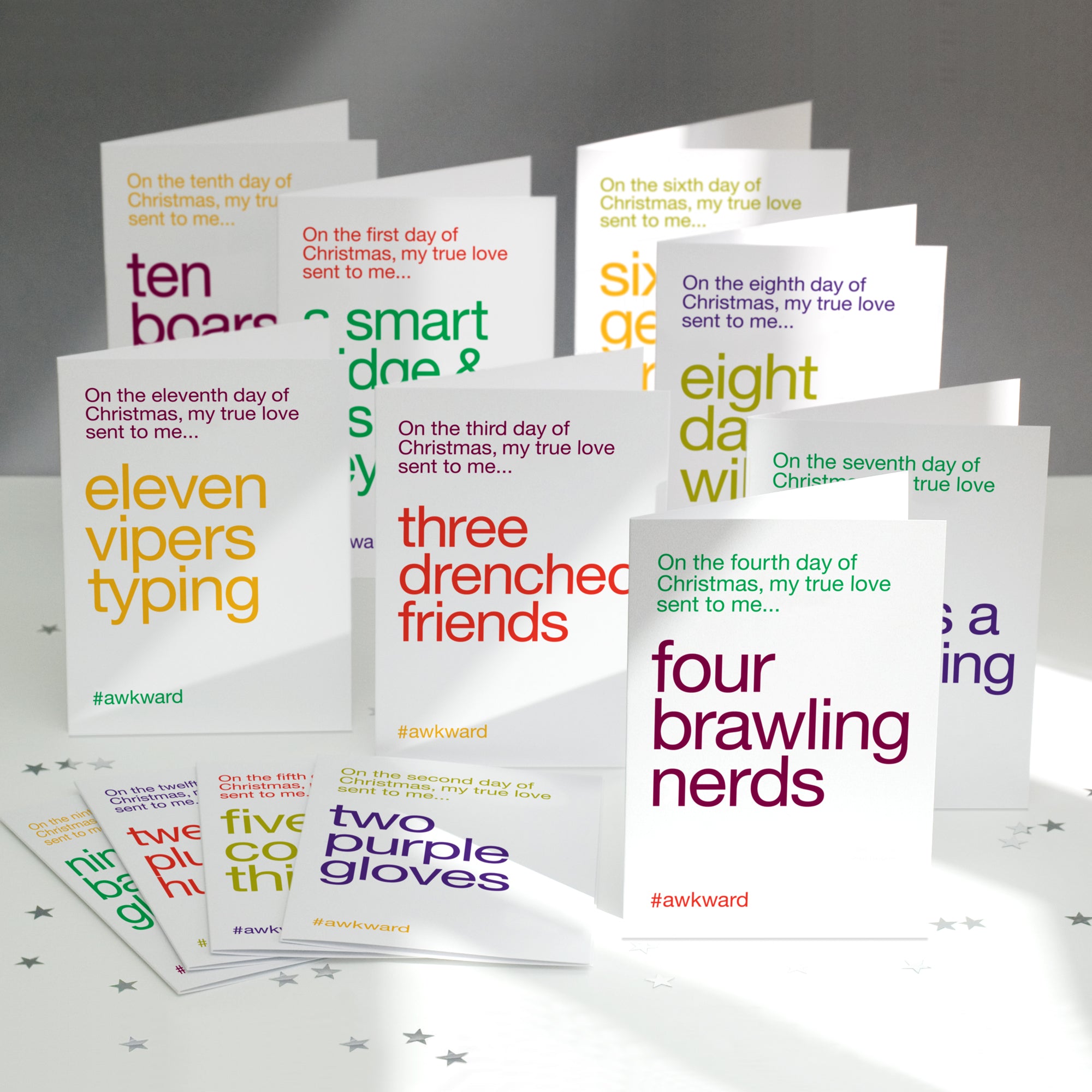A pack of funny greetings cards with alternative lyrics to the twelve days of christmas
