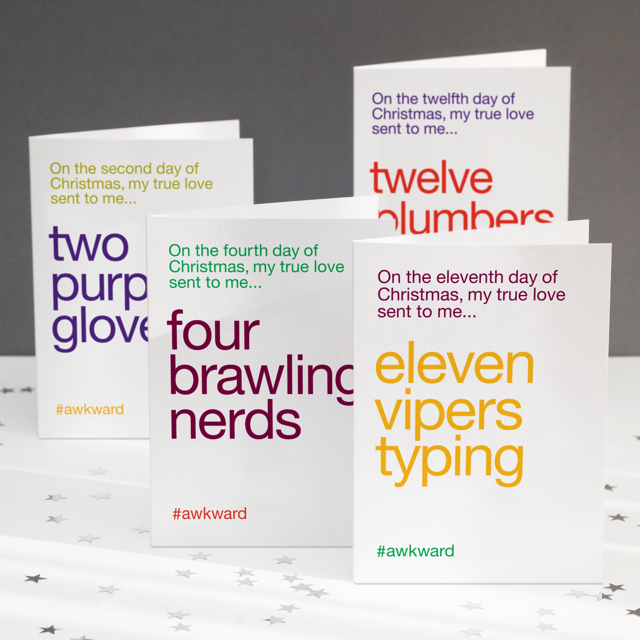 A pack of four greetings cards showing alternative lyrics in a parody of the twelve days of christmas.