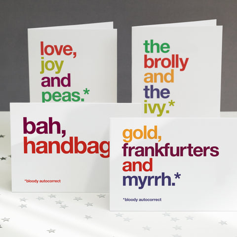 A pack of 4 funny autocorrected christmas cards