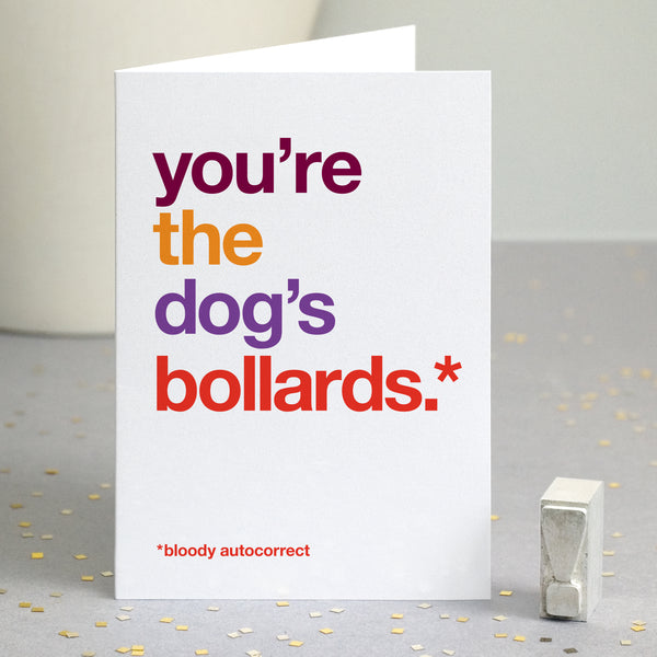 Funny thank you card autocorrected to 'you're the dog's bollards'.