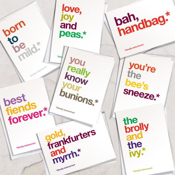 Variety pack of funny autocorrected greetings cards.