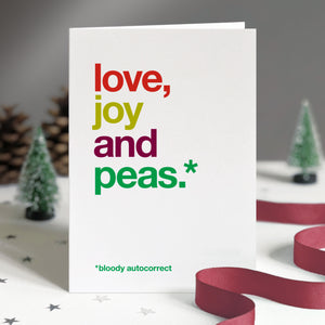 Funny christmas card autocorrected to love, joy and peas