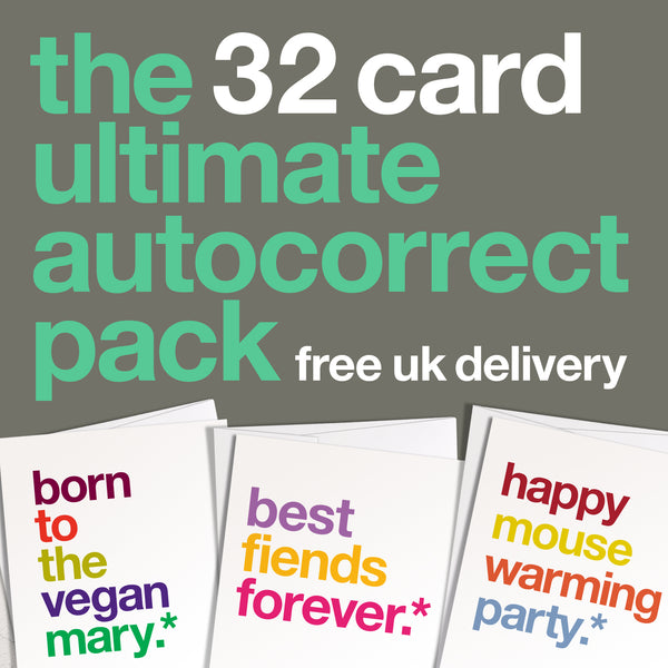 A graphic showing a multipack of 32 funny autocorrected greetings cards.