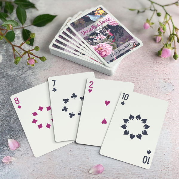Botanical theme playing cards personalised for wedding favours