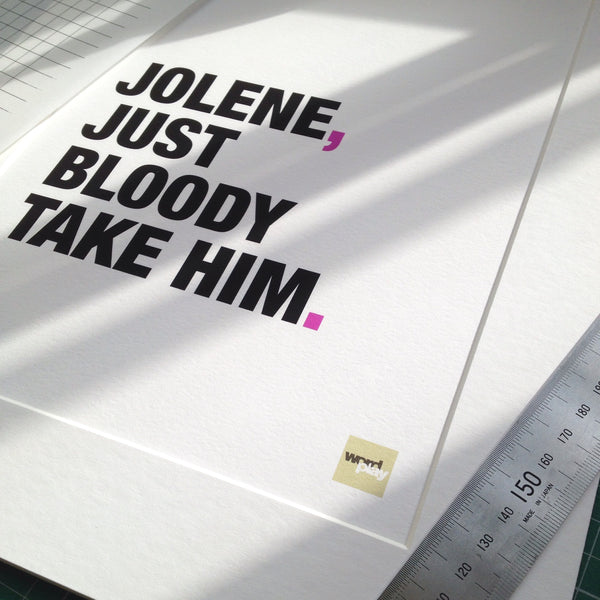 Close up of a funny Jolene song lyric print showing the paper quality