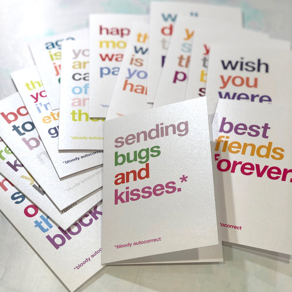 A variety multipack of funny autocorrected greetings cards for all occasions.
