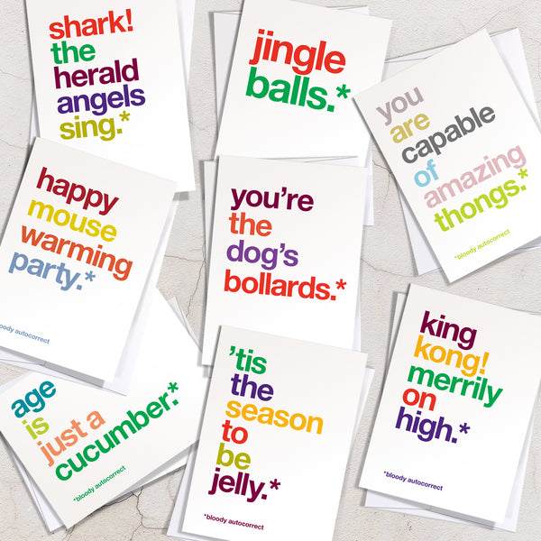 Multipack of funny greetings cards with autocorrect jokes.