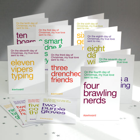 A pack of funny greetings cards with alternative lyrics to the twelve days of christmas.