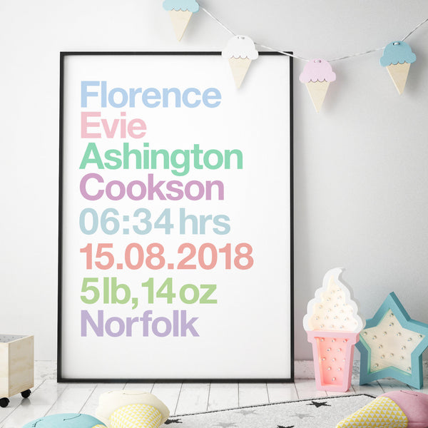 Personalised New Baby Birth Details Print