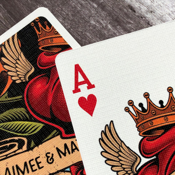 Close up of casino grade playing cards with tattoo design