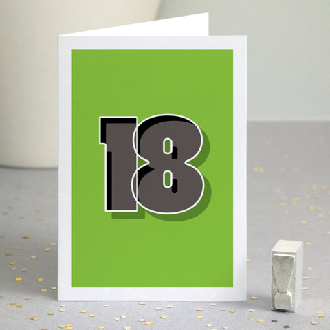 A numerical graphic 18th birthday card using shadow typography in vibrant colours.