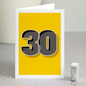 A numerical graphic 30th birthday card using shadow typography in vibrant colours.