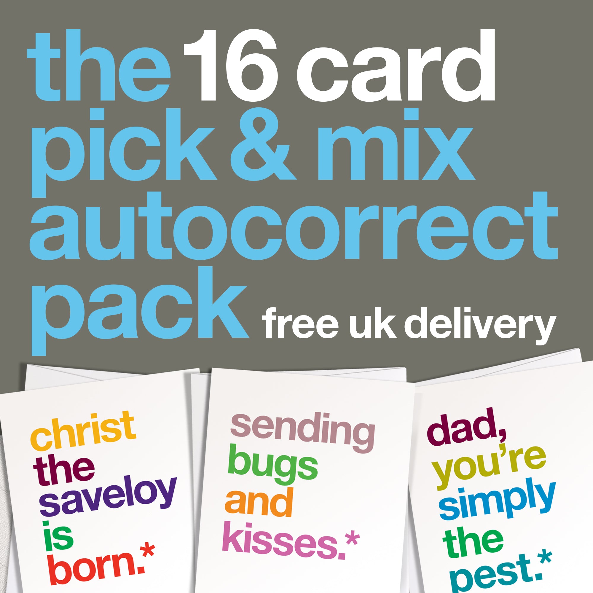 A graphic showing a pick and mix choice of 16 funny autocorrect greetings cards.