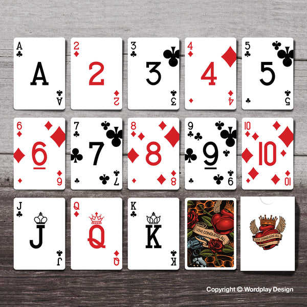 A pack of poker cards displaying a unique design and pip layout