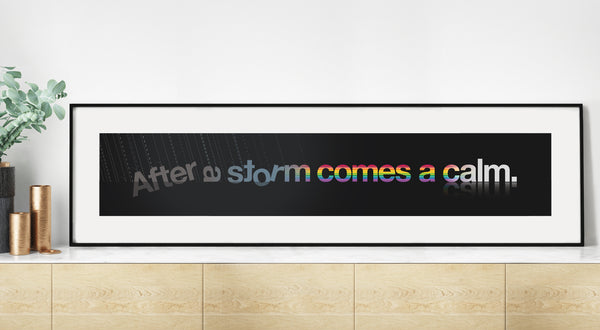 Typographic wordplay of a storm changing into a rainbow