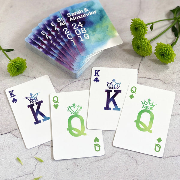 Royal playing cards from watercolour blue wedding favours