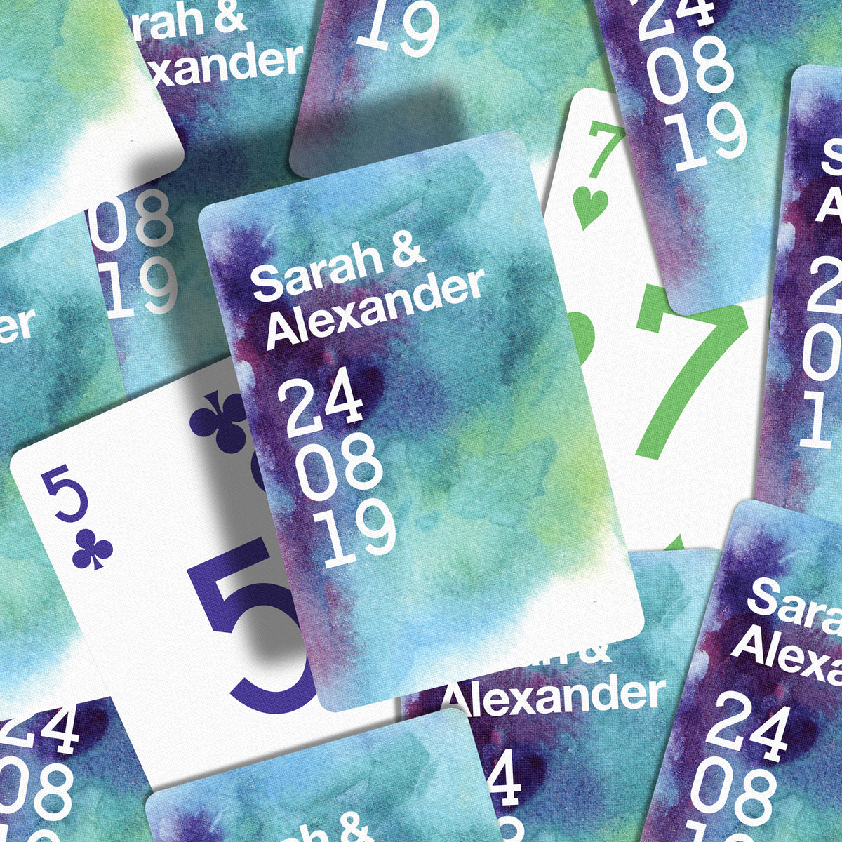 Blue Watercolour Wedding Favour Playing Card Samples – Wordplay Design