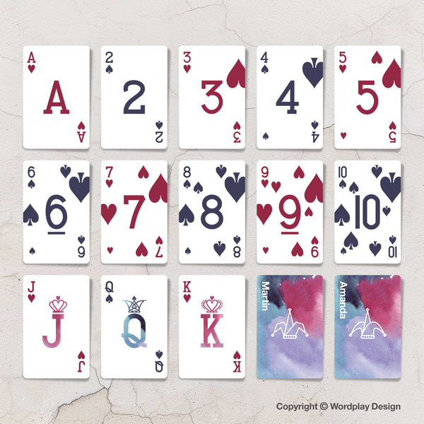 Bespoke playing cards for purple wedding favours